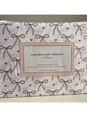 Cupcakes & Cashmere Pink Bows And Hearts QUEEN SIZE Sheet Set Coquette NEW